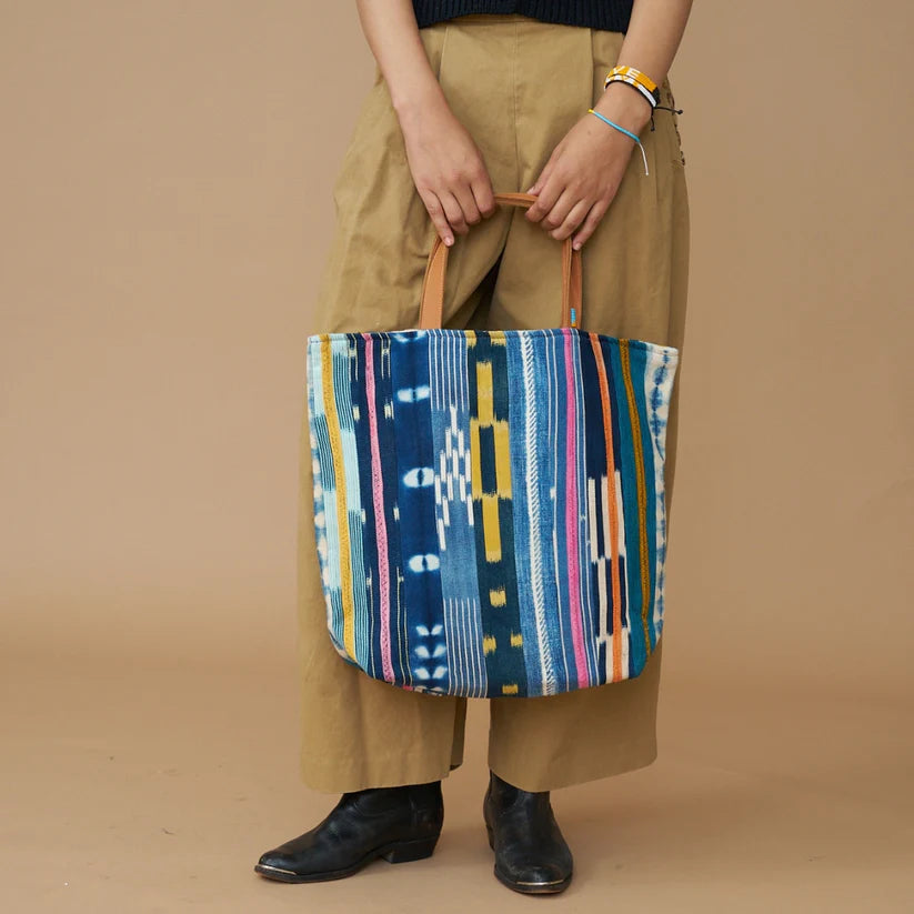 Indigo Multi-Stripe Leather Handle Tote Bag - Boho Daily Carry Bag