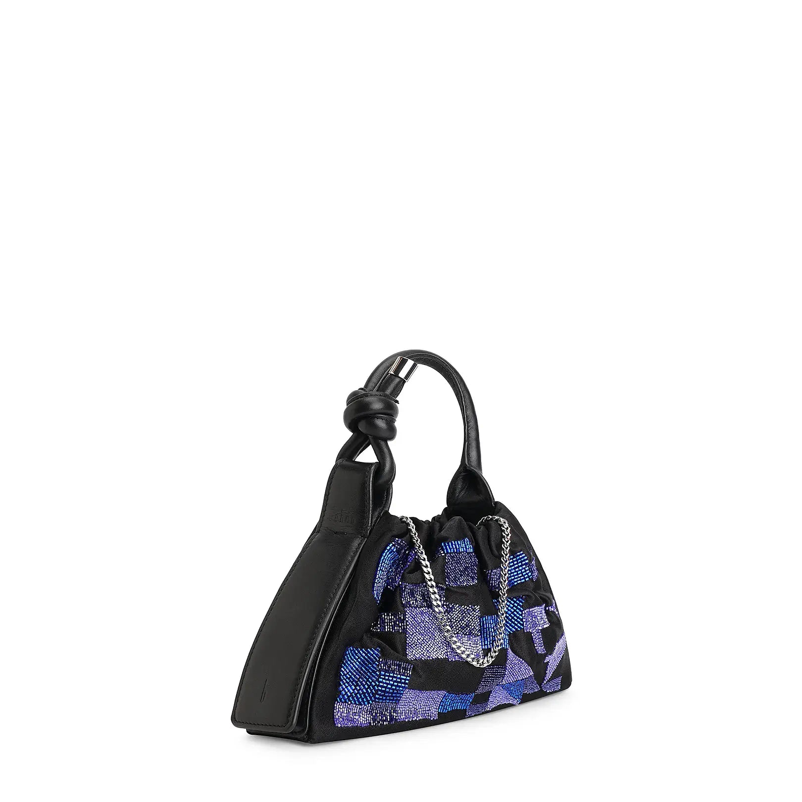Black Blue Beaded Leather Knot Mini Bag - Night Out Daily Matching Hand Bag