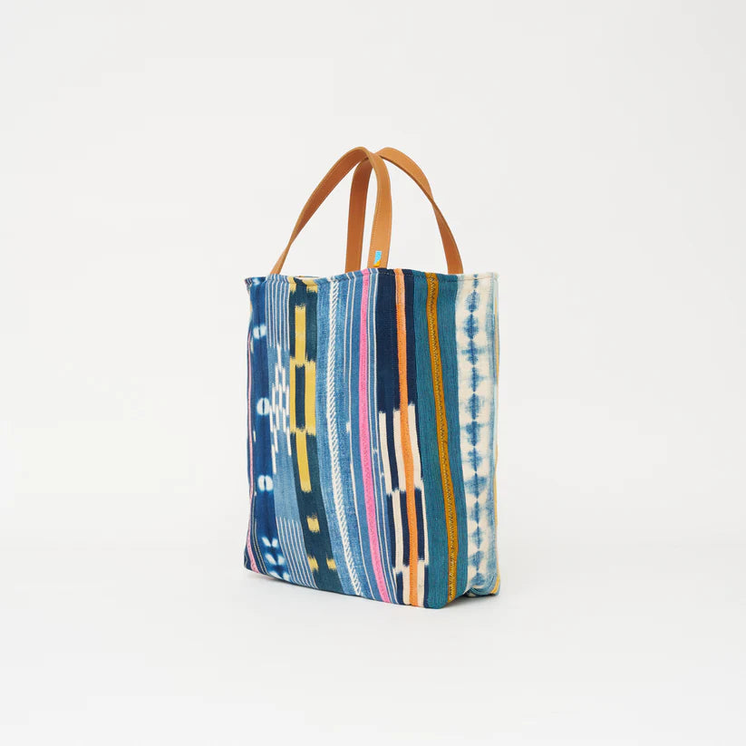 Indigo Multi-Stripe Leather Handle Tote Bag - Boho Daily Carry Bag