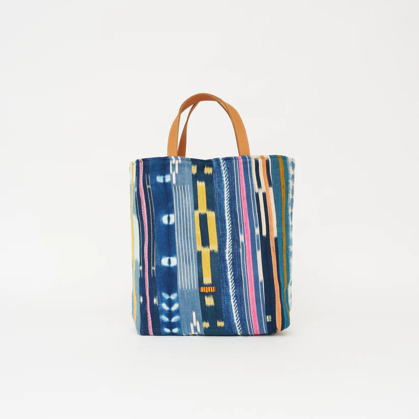 Indigo Multi-Stripe Leather Handle Tote Bag - Boho Daily Carry Bag