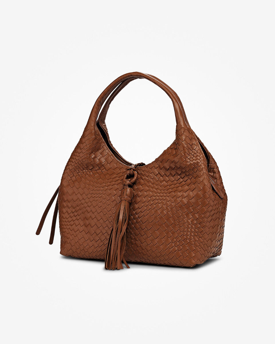 Red & Brown Knotted Tassel Woven Leather Hobo Bag for Daily Outings