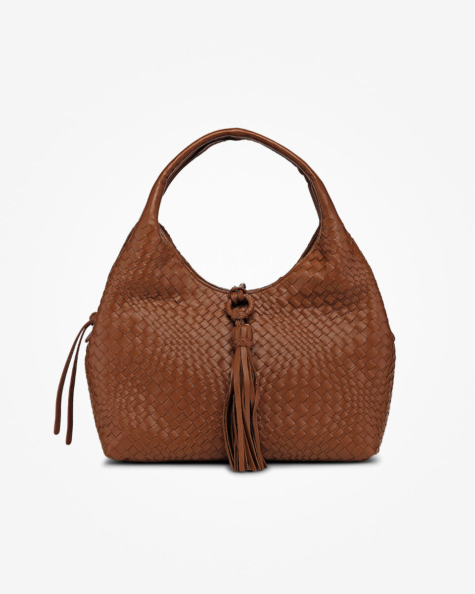 Red & Brown Knotted Tassel Woven Leather Hobo Bag for Daily Outings