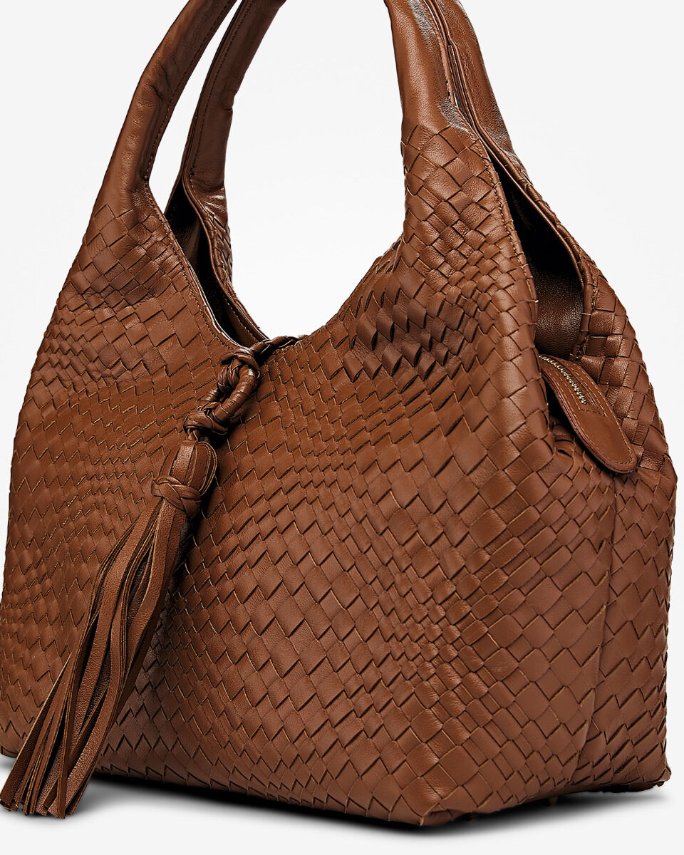Red & Brown Knotted Tassel Woven Leather Hobo Bag for Daily Outings