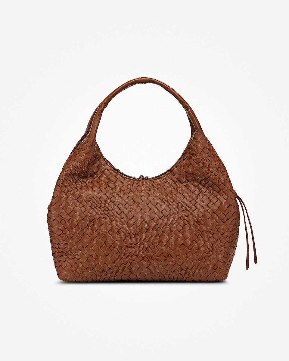 Red & Brown Knotted Tassel Woven Leather Hobo Bag for Daily Outings