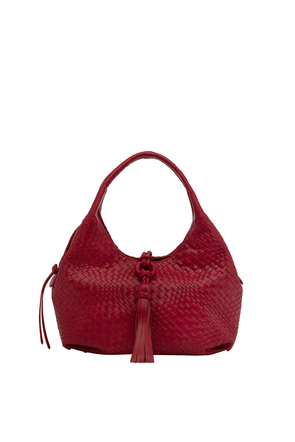 Red & Brown Knotted Tassel Woven Leather Hobo Bag for Daily Outings