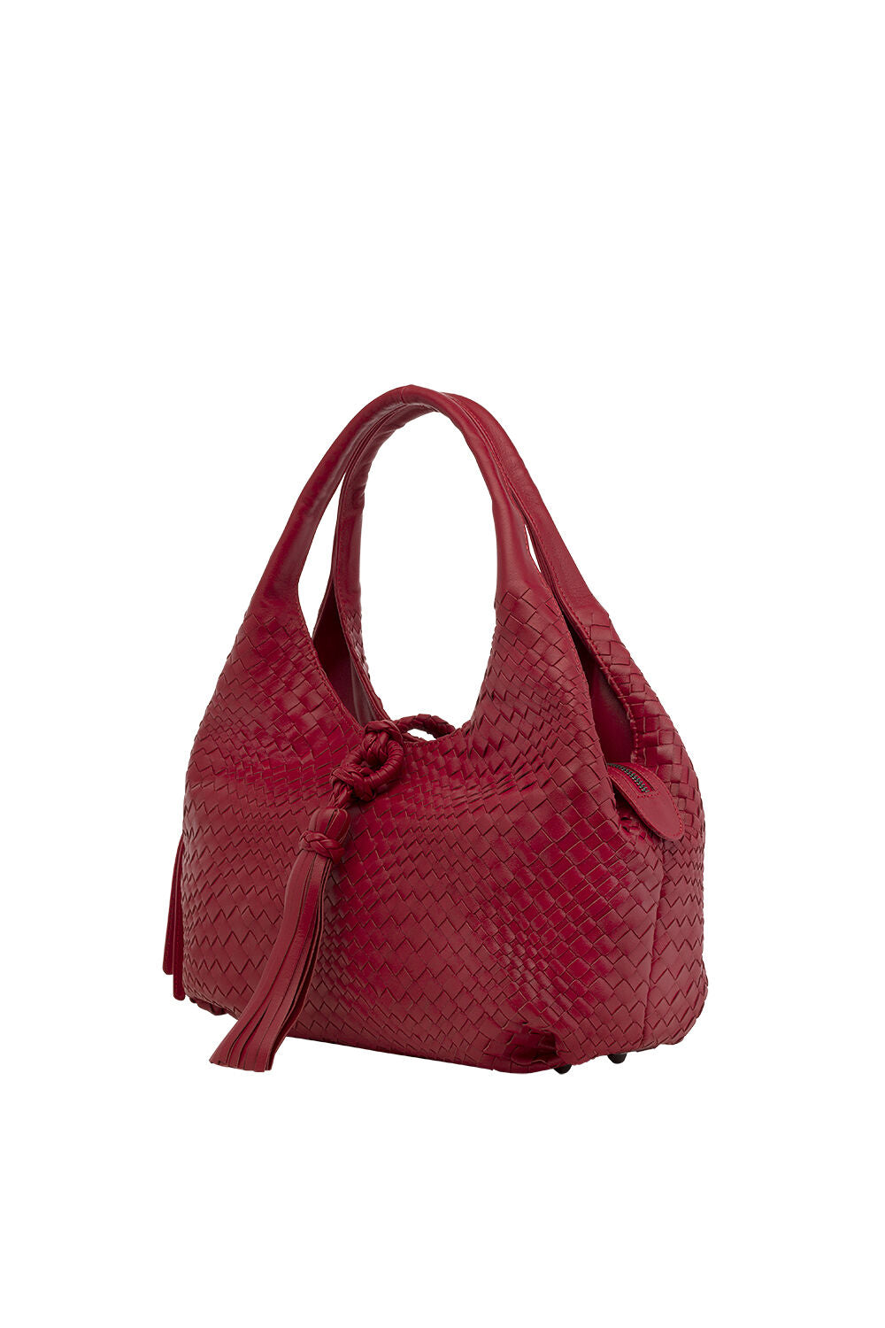 Red & Brown Knotted Tassel Woven Leather Hobo Bag for Daily Outings