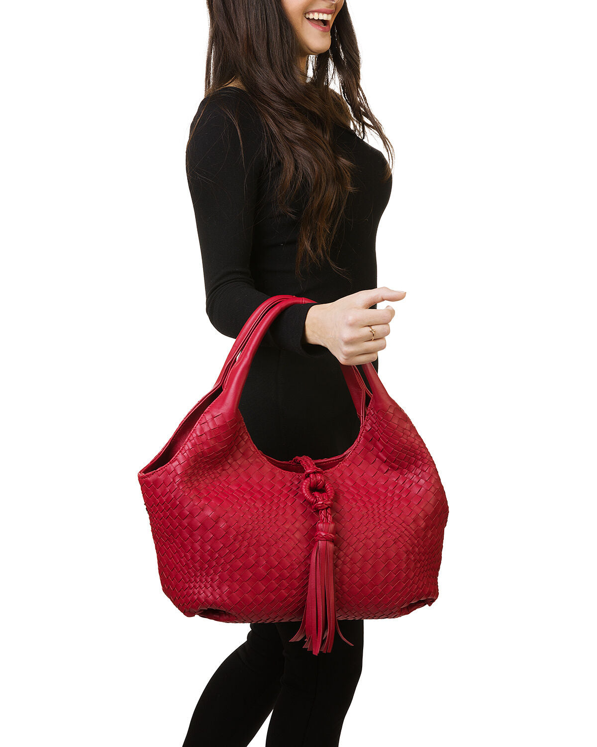 Red & Brown Knotted Tassel Woven Leather Hobo Bag for Daily Outings