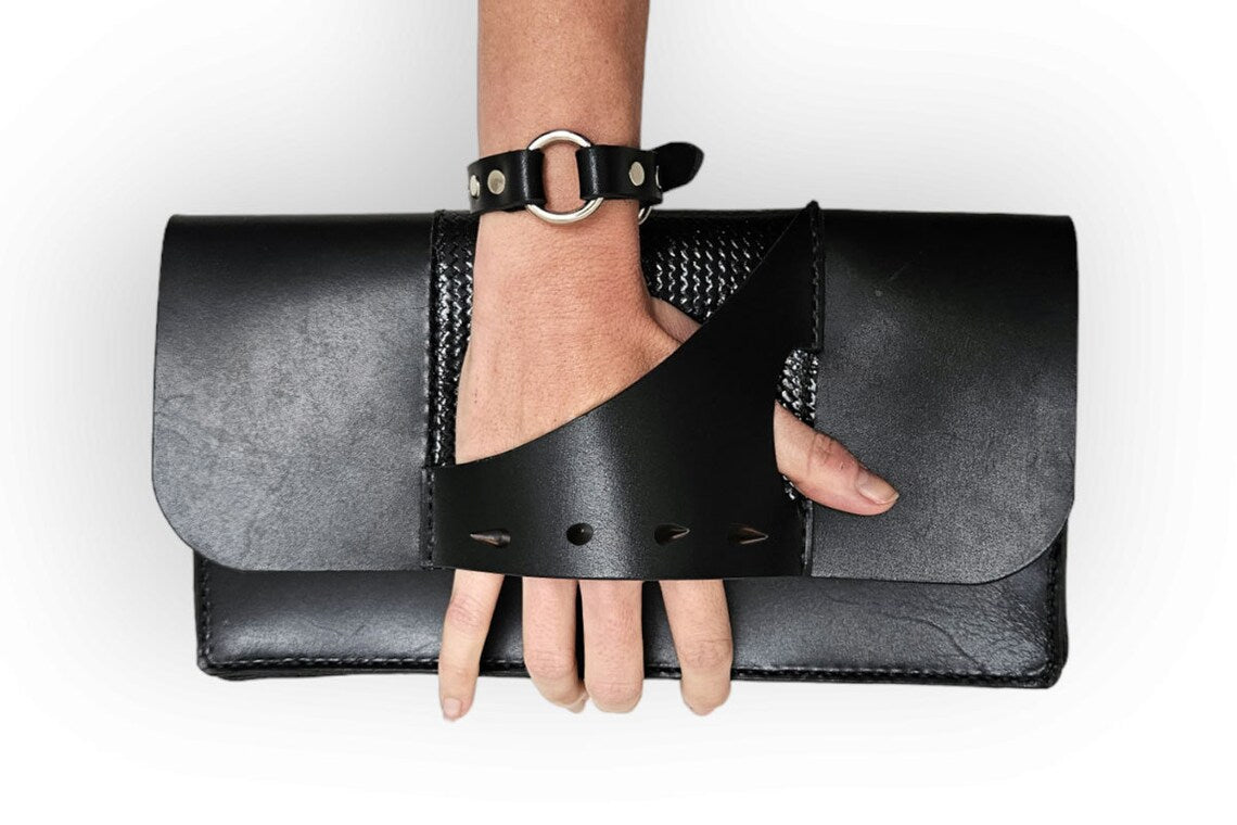 Matte Black Leather Rivet Hand Strap Clutch Bag - Edgy Daily Matching Hand Bag