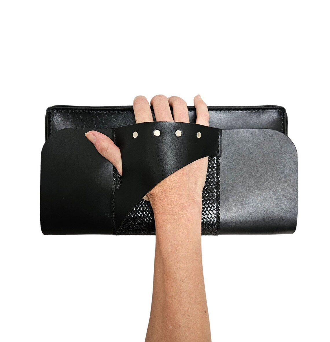 Matte Black Leather Rivet Hand Strap Clutch Bag - Edgy Daily Matching Hand Bag